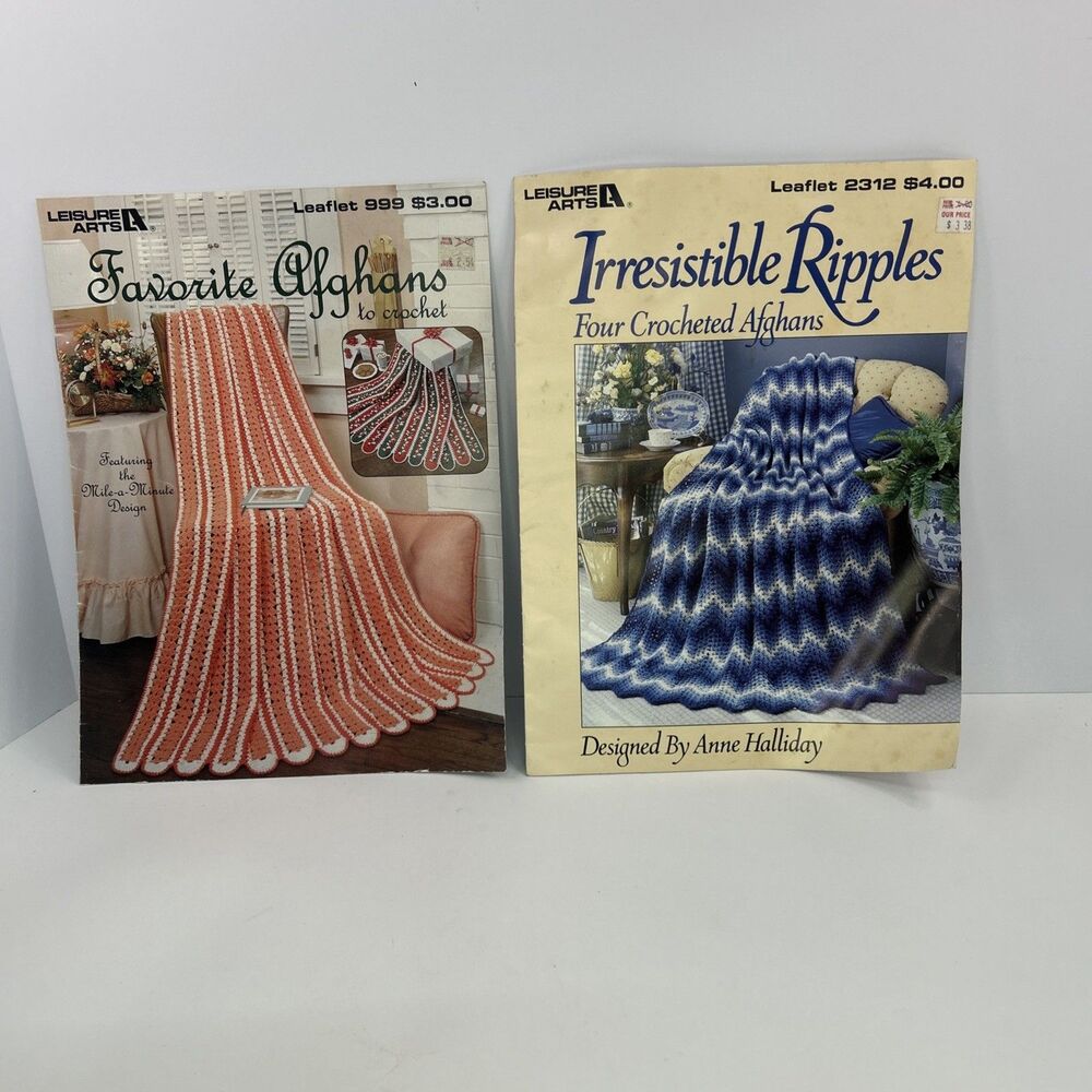 Vintage Leisure Arts Crochet Pattern Leaflet Lot of 2 Afghans & Ripples Throws